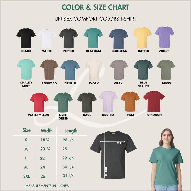 K&ouml;nnte beinhalten: Farb- und Gr&ouml;&szlig;entabelle f&uuml;r Unisex-T-Shirts in Komfortfarben. Die Tabelle zeigt verschiedene T-Shirt-Farben, darunter Schwarz, Wei&szlig; und Jeansblau. Die Ma&szlig;e sind in Zoll, die Gr&ouml;&szlig;en reichen von S bis 2XL. Eine Frau tr&auml;gt ein tealfarbenes T-Shirt.