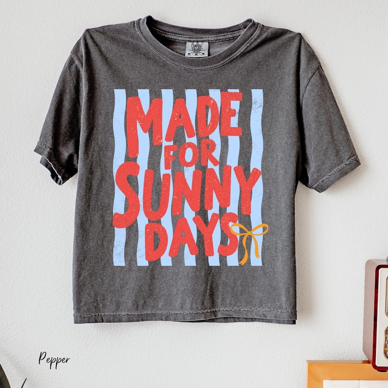 Peut inclure: Un t-shirt gris anthracite avec le texte "MADE FOR SUNNY DAYS" en rouge, sur fond de rayures verticales bleu clair. Un petit n&oelig;ud orange est en bas. Le t-shirt est un v&ecirc;tement d&eacute;contract&eacute;.