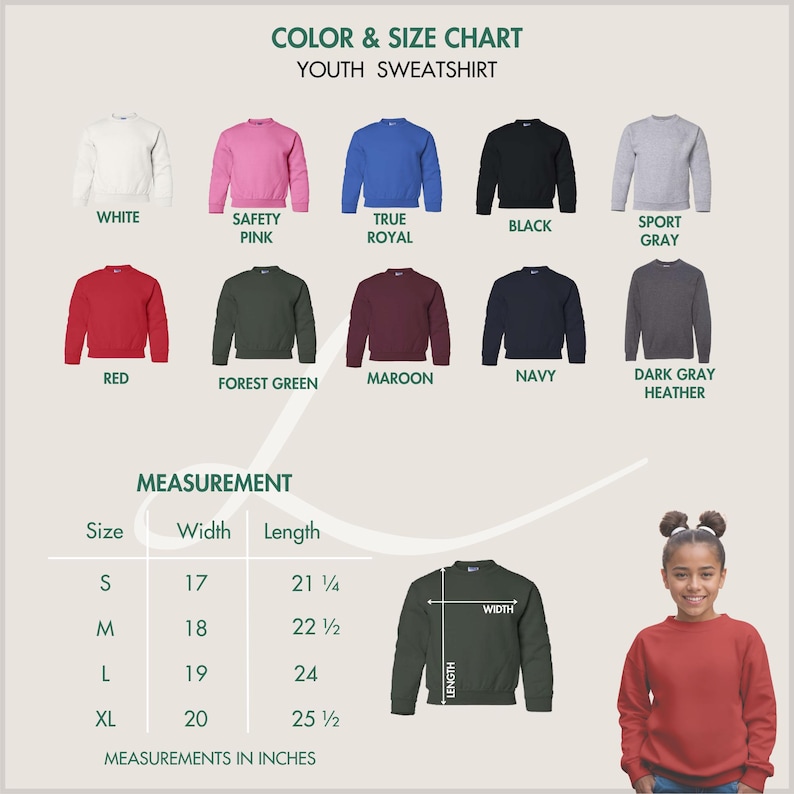 Pode incluir: Tabela de cores e tamanhos para camisolas juvenis. A tabela mostra v&aacute;rias cores: branco, rosa, azul, preto, cinza, vermelho, verde, bord&ocirc;, marinho e cinza escuro. As medidas s&atilde;o fornecidas em polegadas para os tamanhos S, M, L e XL.