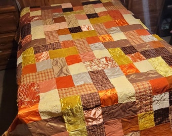 Hand Crafted King Size Quilt - Fall Colors - Crazy Quilt - Retro 70s
