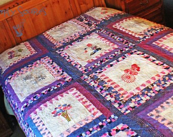 Pink and Purple Floral, Pieced and Embriodered, Hand Crafted, Queen Quilt