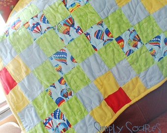 Baby Quilt - Primary Colored Hot Air Balloons in Flannel and Minky