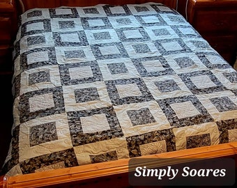 Grey and Black Pieced and Embriodered, Hand Crafted, Queen Quilt