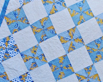 Hand Crafted King Size quilt - Blue and Yellow Pinwheels