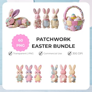 Patchwork Pasen-clipartbundel, konijntje van cottagecore-stof, paasmandje, 60 png (commercieel gebruik)