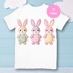 Patchwork Easter Bunny Trio Clipart Bundle, Cottagecore Fabric Bunny, 12 PNG (Commercial Use)