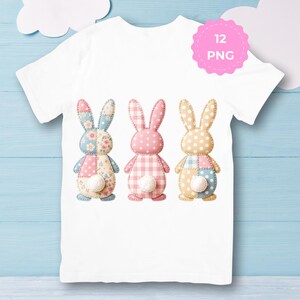 Paquete de imágenes prediseñadas de tres conejitos de Pascua de patchwork, conejito de tela estilo cottagecore, 12 PNG (uso comercial)