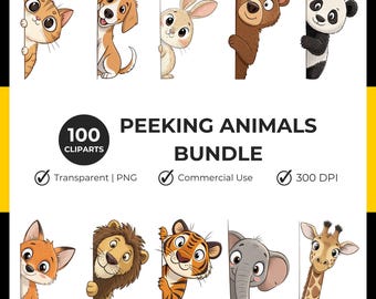 Peeking Animals Clipart Bundle, Woodland, Jungle, Safari, Farm & Pet Animals, 100 PNGs (Commercial Use)