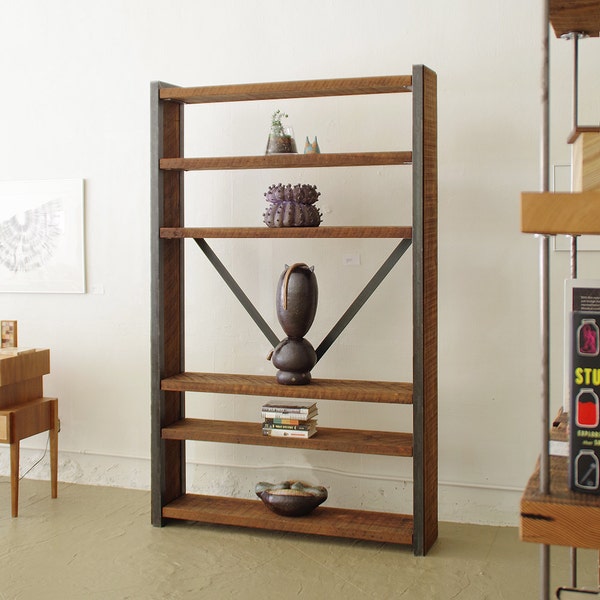 media shelving from recycled steel and reclaimed wood - island barn case - rustic, modern, industrial
