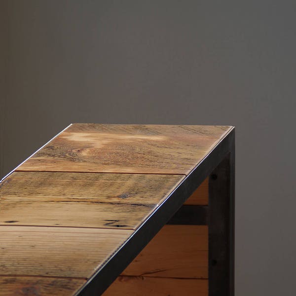 reclaimed wood console with metal frame - modern industrial urban wood and steel - sofa table, console, bench, buffet, desk
