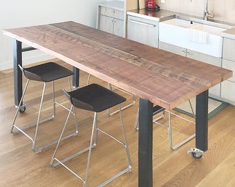 reclaimed wood and steel table with casters - modern industrial - urban salvage wood, recycled content steel dining, kitchen, cabin, loft