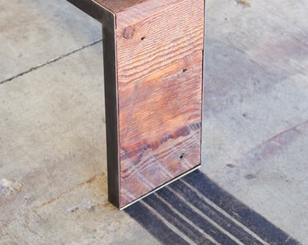 reclaimed wood bench with metal frame - modern industrial urban wood and steel - salt marsh river bench