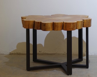 reclaimed live edge wood lobby table from urban salvage cypress and custom steel base - modern eco sustainable