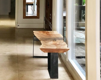 live edge maple bench from urban salvage wood and high recycled content steel - north | west bench - modern industrial natural edge