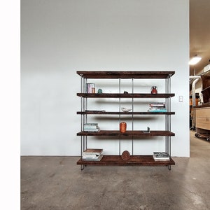 reclaimed wood shelving from roughsawn old growth fir and steel bookcase, bookshelf urban modern our wide option 4 to 7 shelves image 1