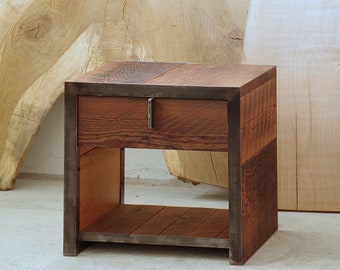 night stand from reclaimed wood and steel - with drawer - salvaged fir, recycled steel - end table, coffee, ottoman - modern vernacular