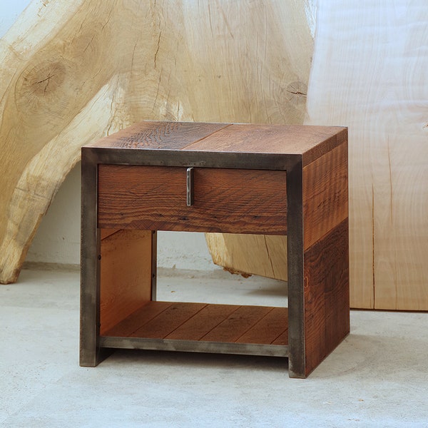 night stand from reclaimed wood and steel - with drawer - salvaged fir, recycled steel - end table, coffee, ottoman - modern vernacular