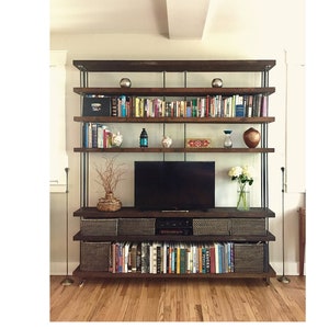 reclaimed wood shelving from roughsawn old growth fir and steel bookcase, bookshelf urban modern our wide option 4 to 7 shelves image 3