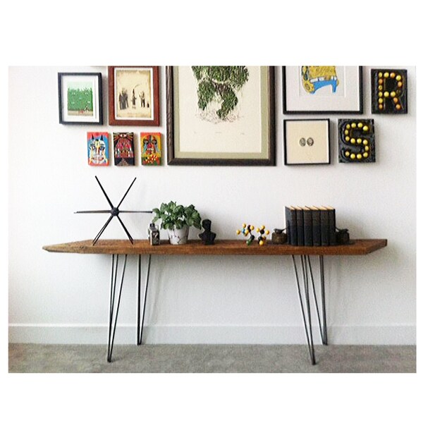 reclaimed wood console table with midcentury modern hairpin legs - modern industrial elemental