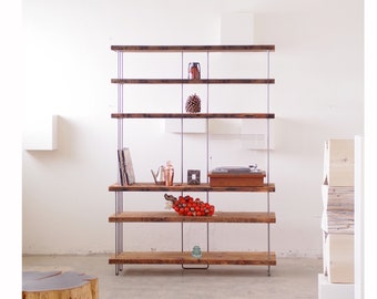 open air shelving with integral hutch - from reclaimed wood and steel - for vinyl, turntables, art, sanctuary at home - modern industrial