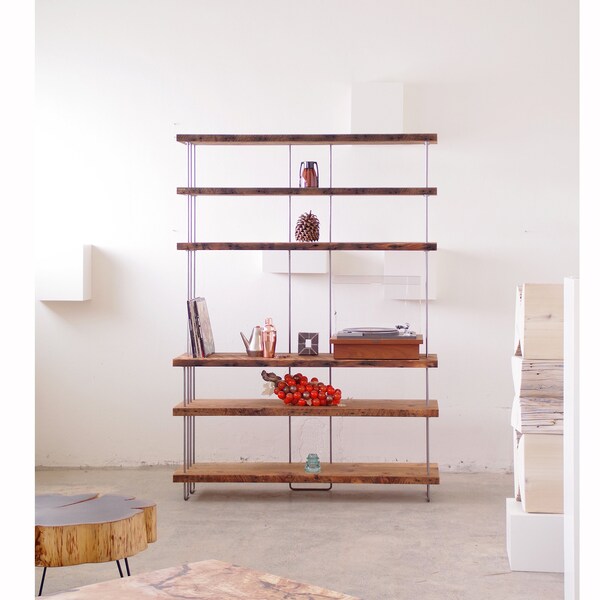 open air shelving with integral hutch - from reclaimed wood and steel - for vinyl, turntables, art, sanctuary at home - modern industrial