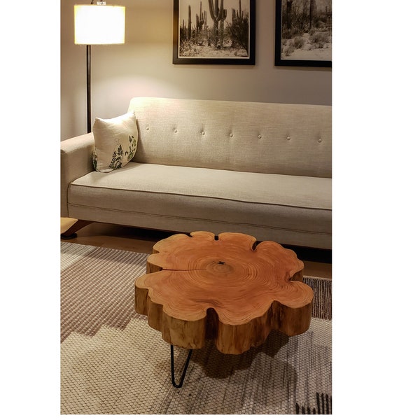 live edge coffee table - with mid century modern hairpin legs - nimbus cloud table - urban wood salvage - modern interior