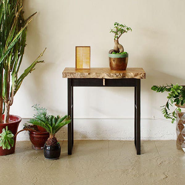 live edge console - hall table - entry table - industrial modern console from urban salvage wood and recycled steel - desk with drawer