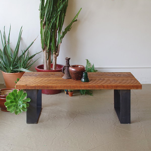 reclaimed wood coffee table with steel legs - modern industrial coffee table - urban salvage