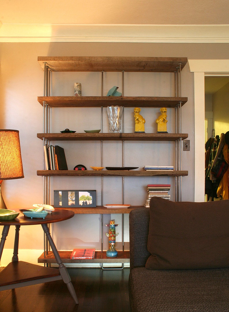 reclaimed wood shelving from roughsawn old growth fir and steel bookcase, bookshelf urban modern our wide option 4 to 7 shelves image 5