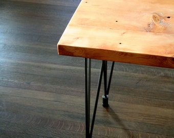 modern reclaimed industrial bench with steel leveling hairpin legs