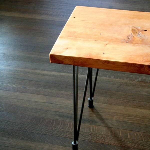 modern reclaimed industrial bench with steel leveling hairpin legs