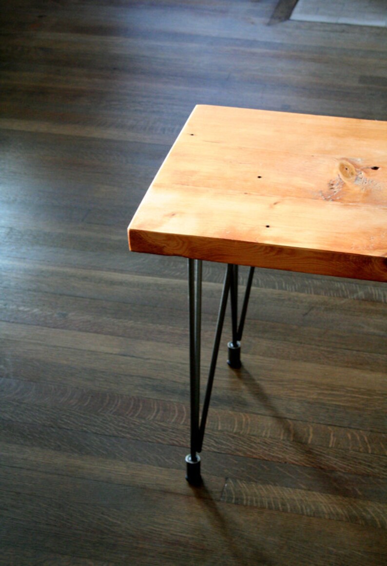 modern reclaimed industrial bench with steel leveling hairpin legs image 1