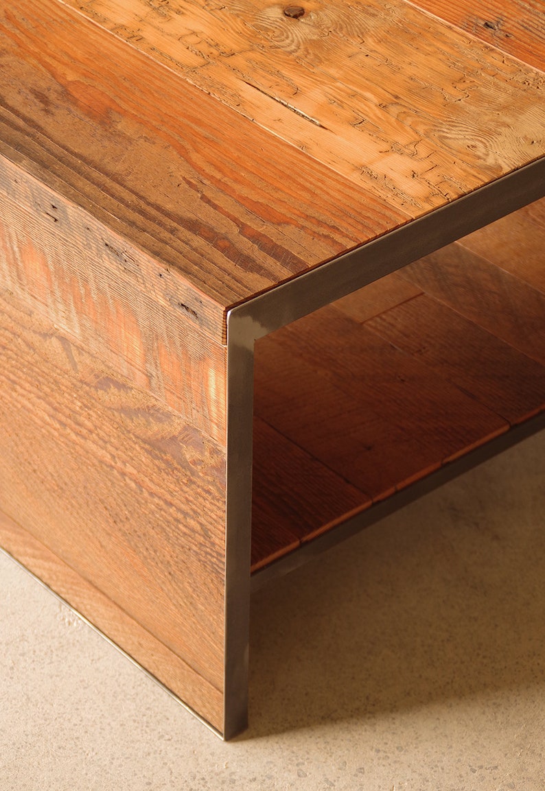 reclaimed coffee table from urban salvage old growth wood and steel old growth fir, recycled steel end table modern vernacular image 3