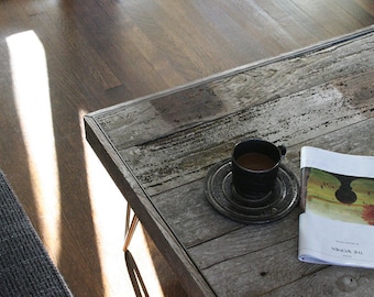 modern rustic industrial wood coffee table, from reclaimed old growth wood and midcentury modern steel hairpin legs