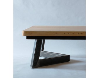 reclaimed wood coffee table with custom recycled steel base - modern urban - contemporary hardwood furniture - herringbone coffee table