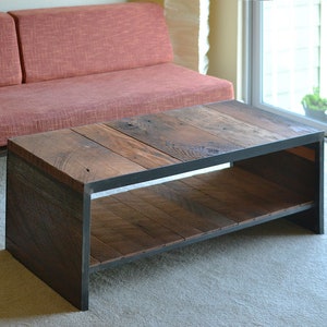 reclaimed coffee table from urban salvage old growth wood and steel old growth fir, recycled steel end table modern vernacular image 7