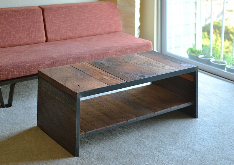 reclaimed coffee table from urban salvage old growth wood and steel old growth fir, recycled steel end table modern vernacular image 7