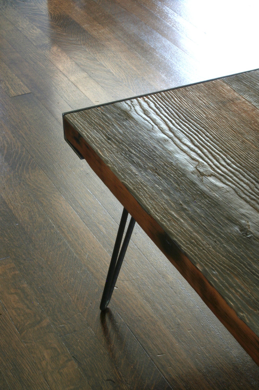 Between table from reclaimed old growth wood and recycled Etsy