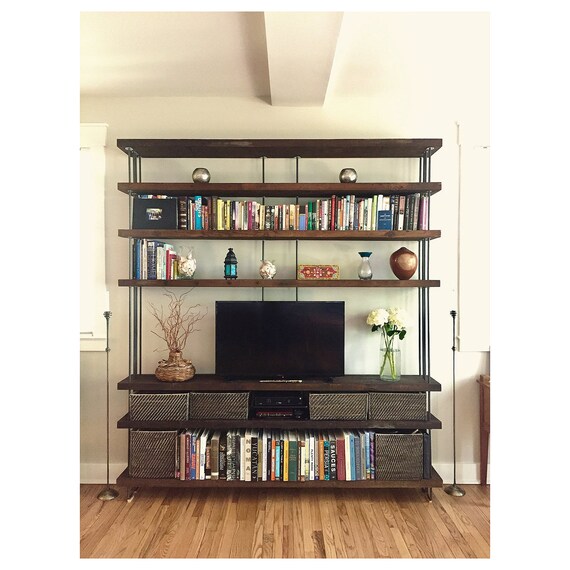 media console reclaimed wood shelving 3 storage book shelf from roughsawn old growth fir and recycled steel three shelf option