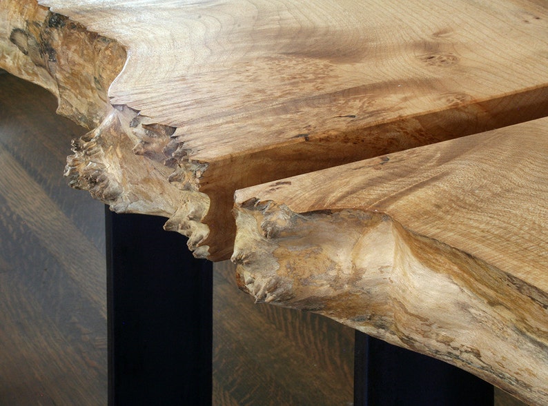 north west table with floating leaf from urban salvage live edge maple and recycled content steel natural edge coffee table, desk image 3