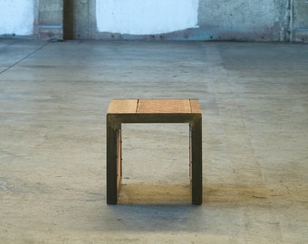 reclaimed wood side table from old growth fir and recycled content steel - mini coffee table, end table, ottoman, modern industrial