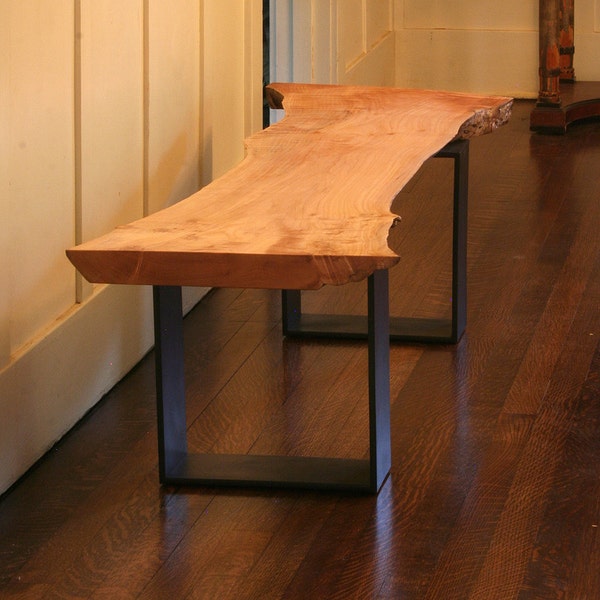 live edge maple bench from urban salvage wood and high recycled content steel - modern industrial