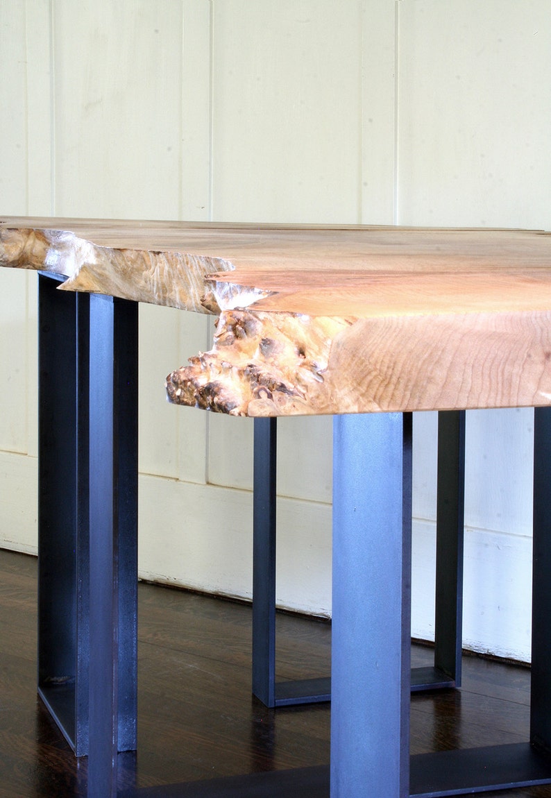 north west table with floating leaf from urban salvage live edge maple and recycled content steel natural edge coffee table, desk image 2