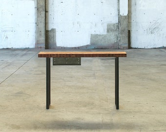 console - high table - hall table - industrial modern console from reclaimed wood and recycled content steel - desk with drawer