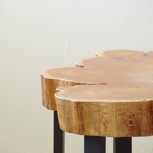 reclaimed live edge wood lobby table from urban salvage cypress and custom steel base modern eco sustainable image 3