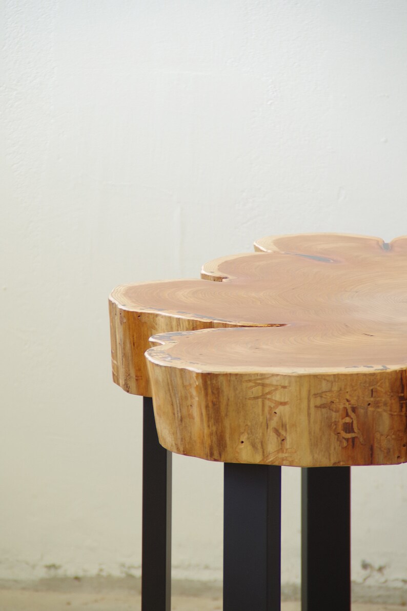 reclaimed live edge wood lobby table from urban salvage cypress and custom steel base modern eco sustainable image 3