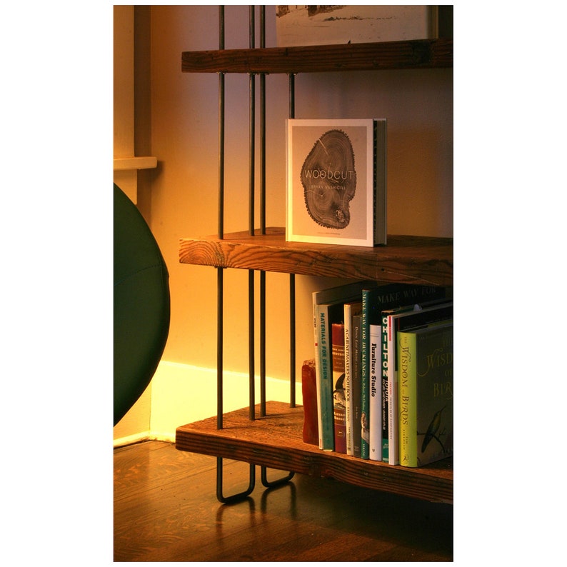 reclaimed wood shelving from roughsawn old growth fir and steel bookcase, bookshelf urban modern our wide option 4 to 7 shelves image 8