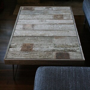 modern rustic industrial wood coffee table, from reclaimed old growth wood and midcentury modern steel hairpin legs image 2