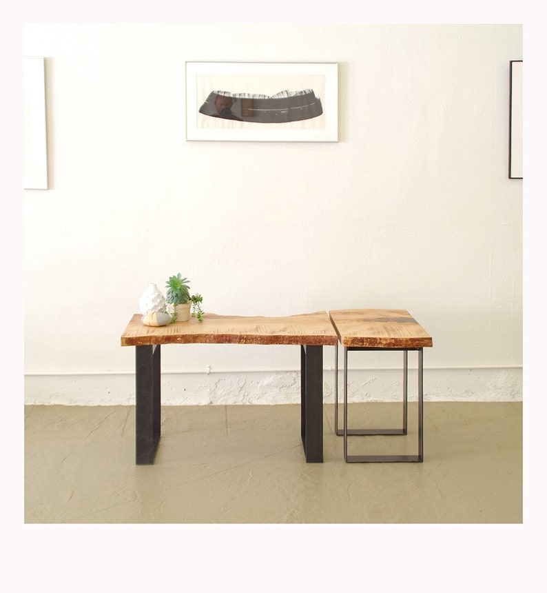 north west table with floating leaf from urban salvage live edge maple and recycled content steel natural edge coffee table, desk image 1