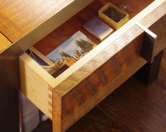 end table from reclaimed wood and steel - with drawer - salvaged fir, recycled steel - night stand, coffee, ottoman - modern vernacular